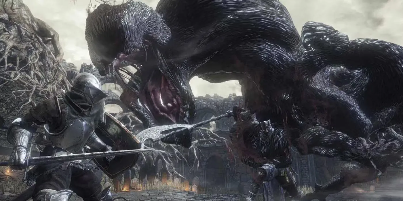Iudex Gundyr Dark Souls 3 đứng dậy từ mặt đất với cây trường thương