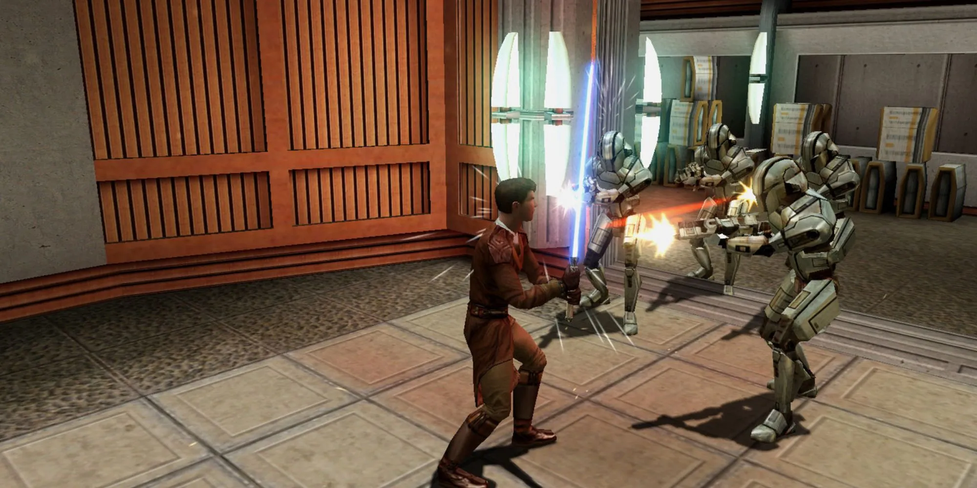 Key art game Star Wars: Knights of the Old Republic với các nhân vật chính Jedi và Sith