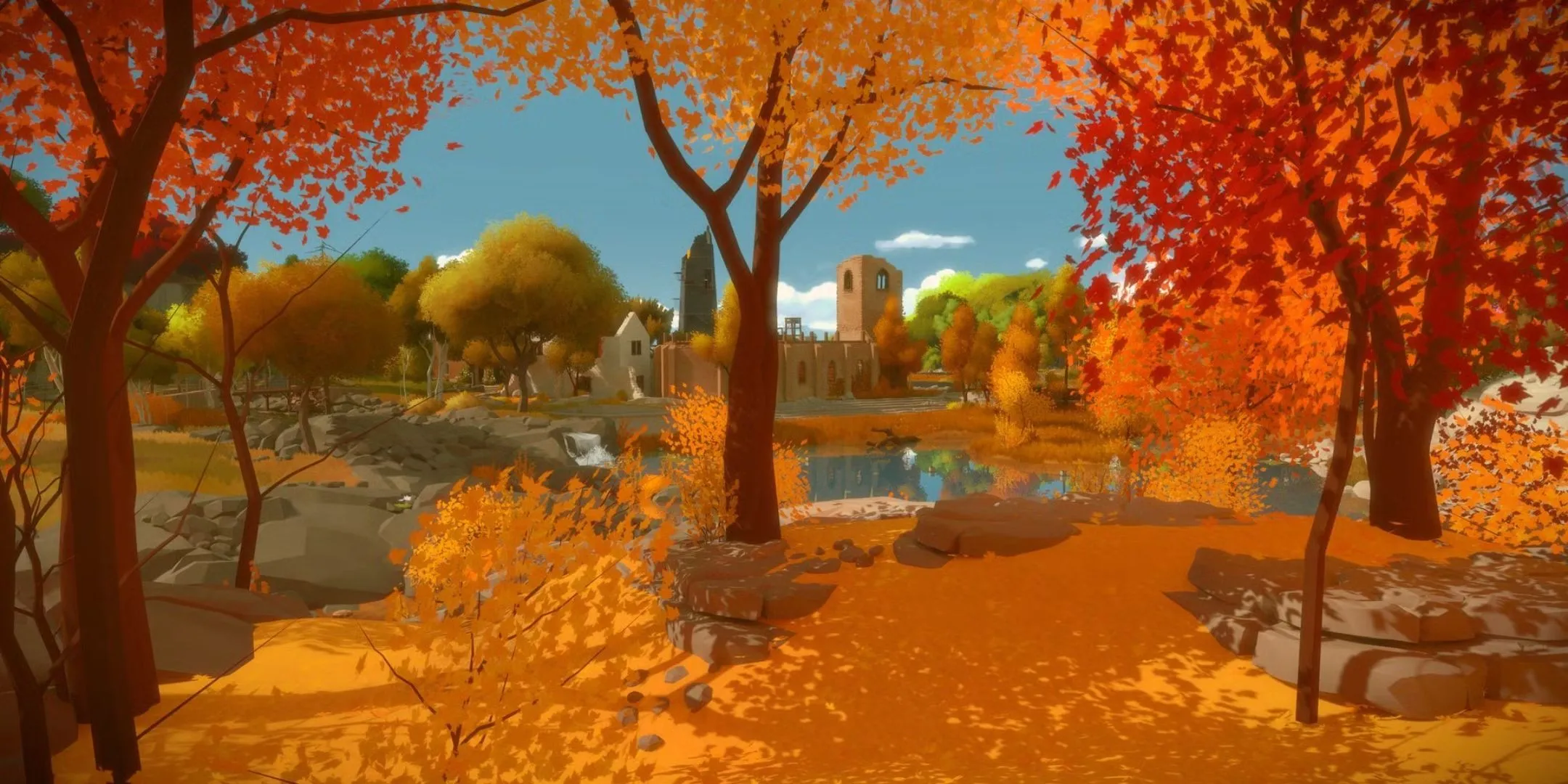 Khu vực rừng lá mùa thu đầy màu sắc trong The Witness, tựa game giải đố có kết thúc ẩn cực nhanh