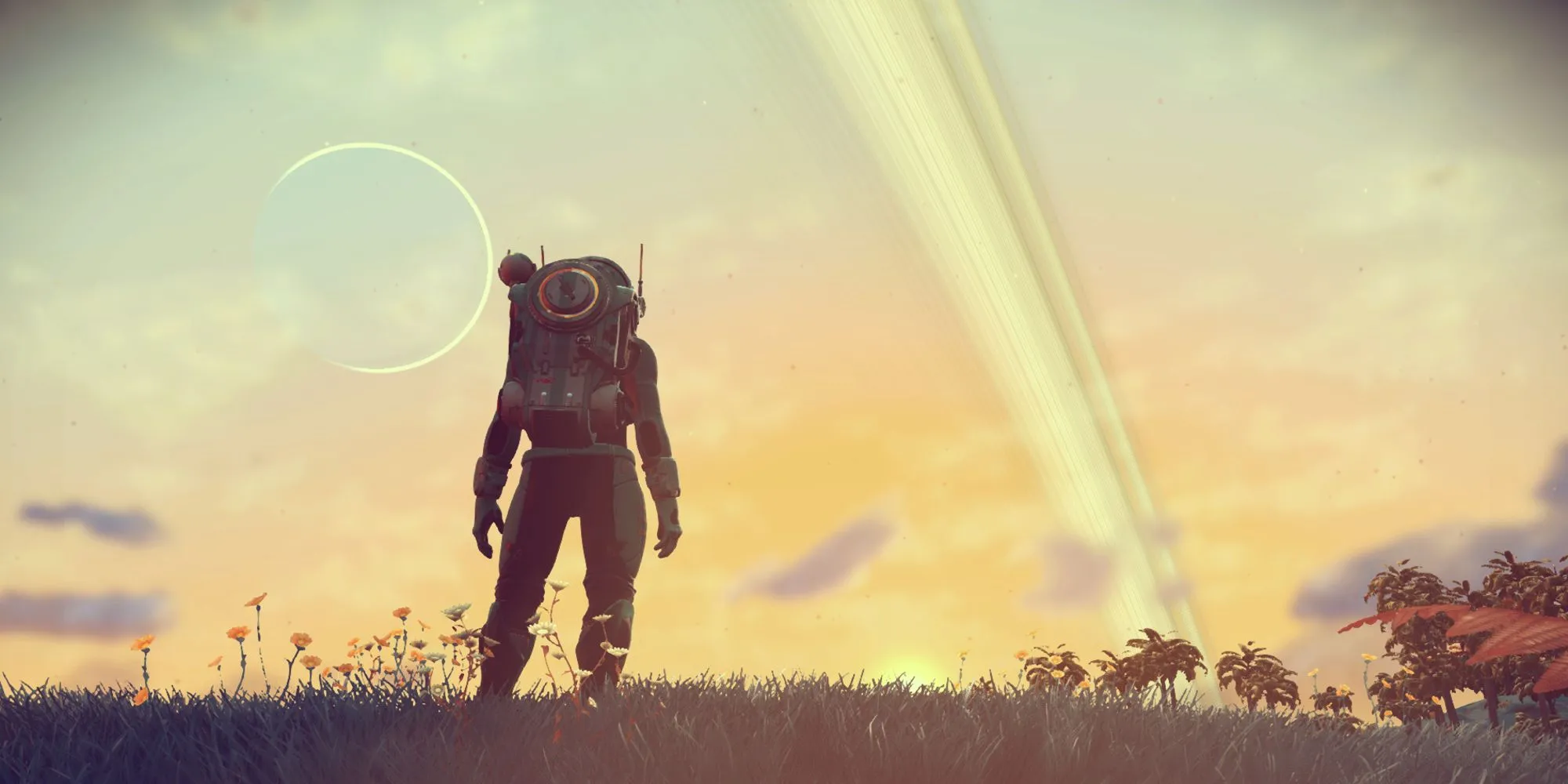 Khung cảnh hành tinh vàng và một hành tinh xa xăm trong No Man's Sky