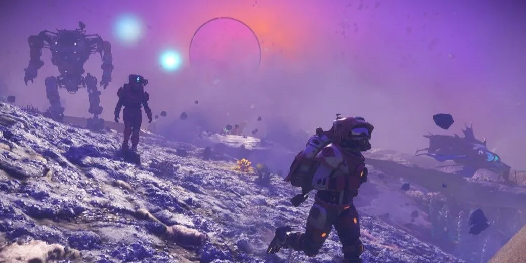 Khung cảnh một hành tinh khí khổng lồ đầy màu sắc trong No Man's Sky, tượng trưng cho vũ trụ rộng lớn chờ khám phá với bản cập nhật Relic.