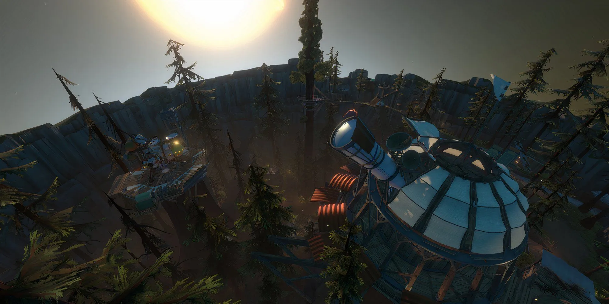 Khung cảnh một hành tinh rừng rậm nhìn từ trên cao trong Outer Wilds, tựa game phiêu lưu không gian độc đáo