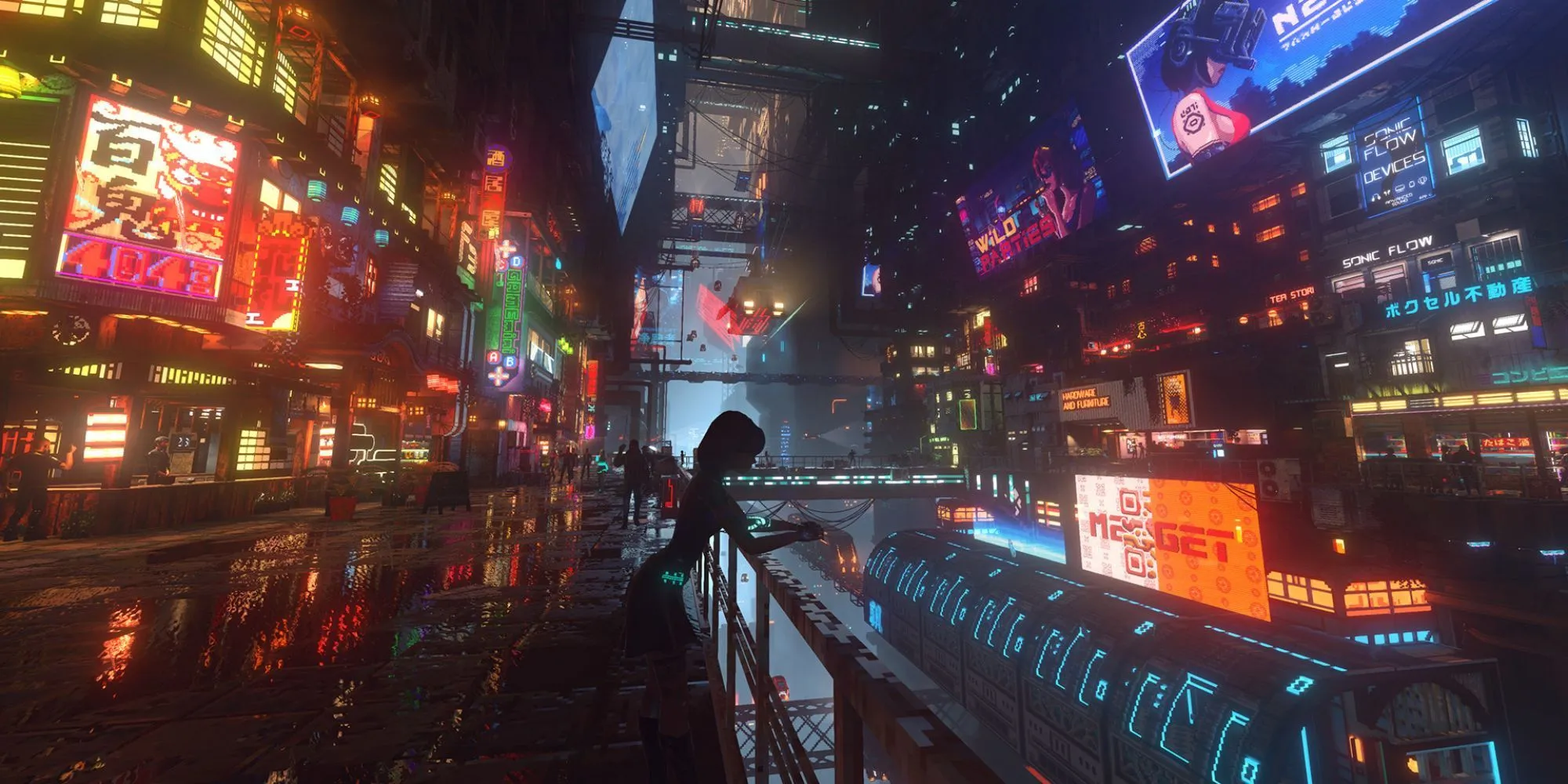 Khung cảnh thành phố neon phong cách voxel trong game mô phỏng đời sống Nivalis