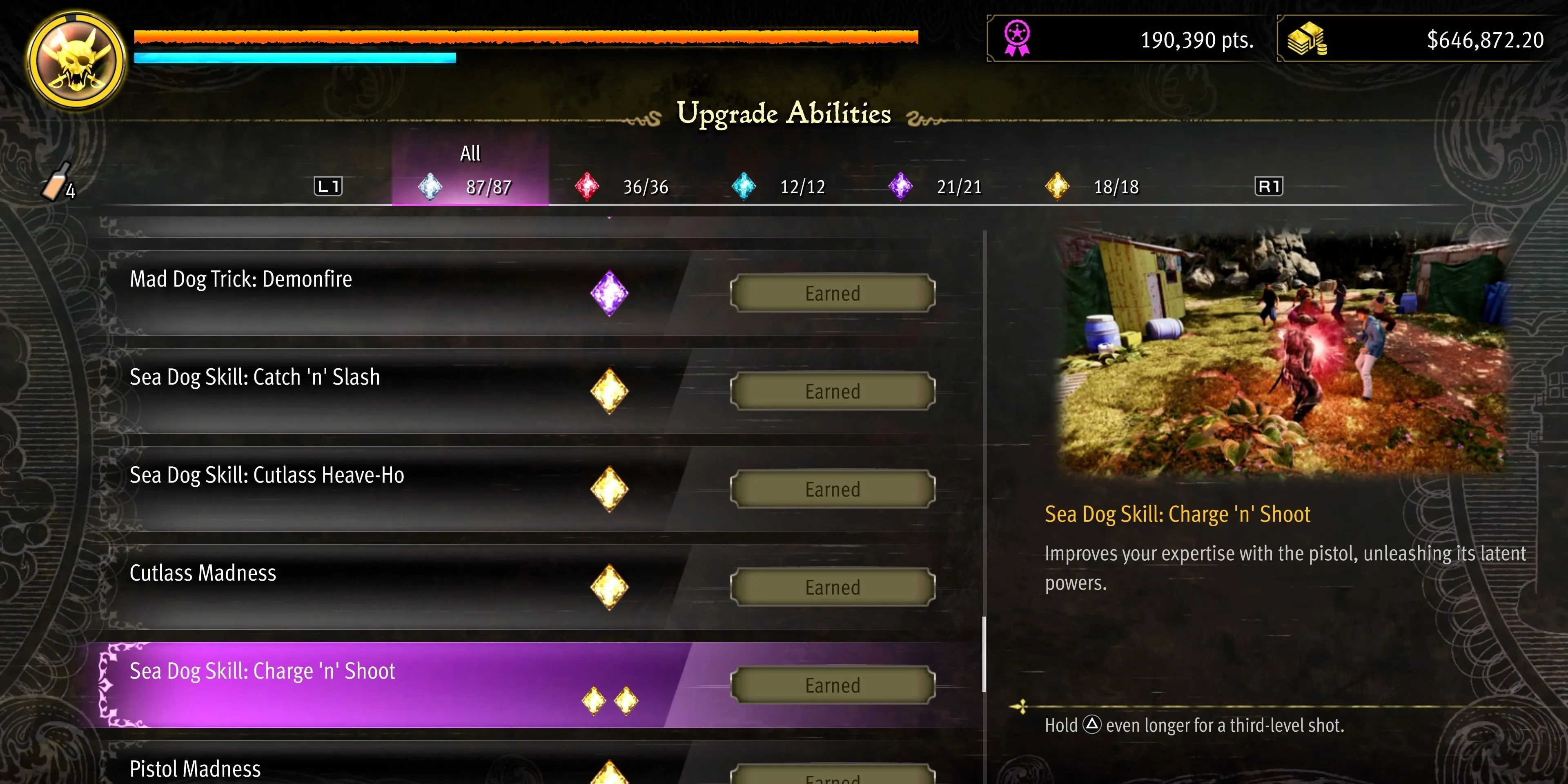 Kỹ năng Charge 'n' Shoot trong Pirate Yakuza cho phép Majima tích tụ lực bắn súng mạnh mẽ hơn