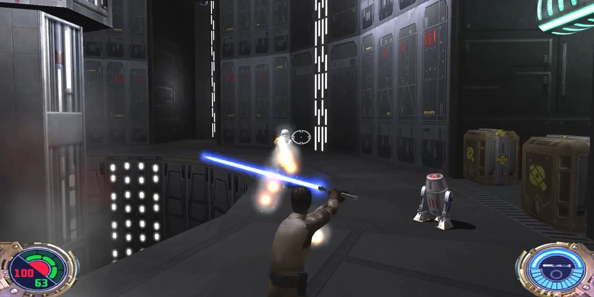 Kyle Katarn sử dụng gươm ánh sáng đối đầu stormtrooper trong demo Star Wars Jedi Knight 2