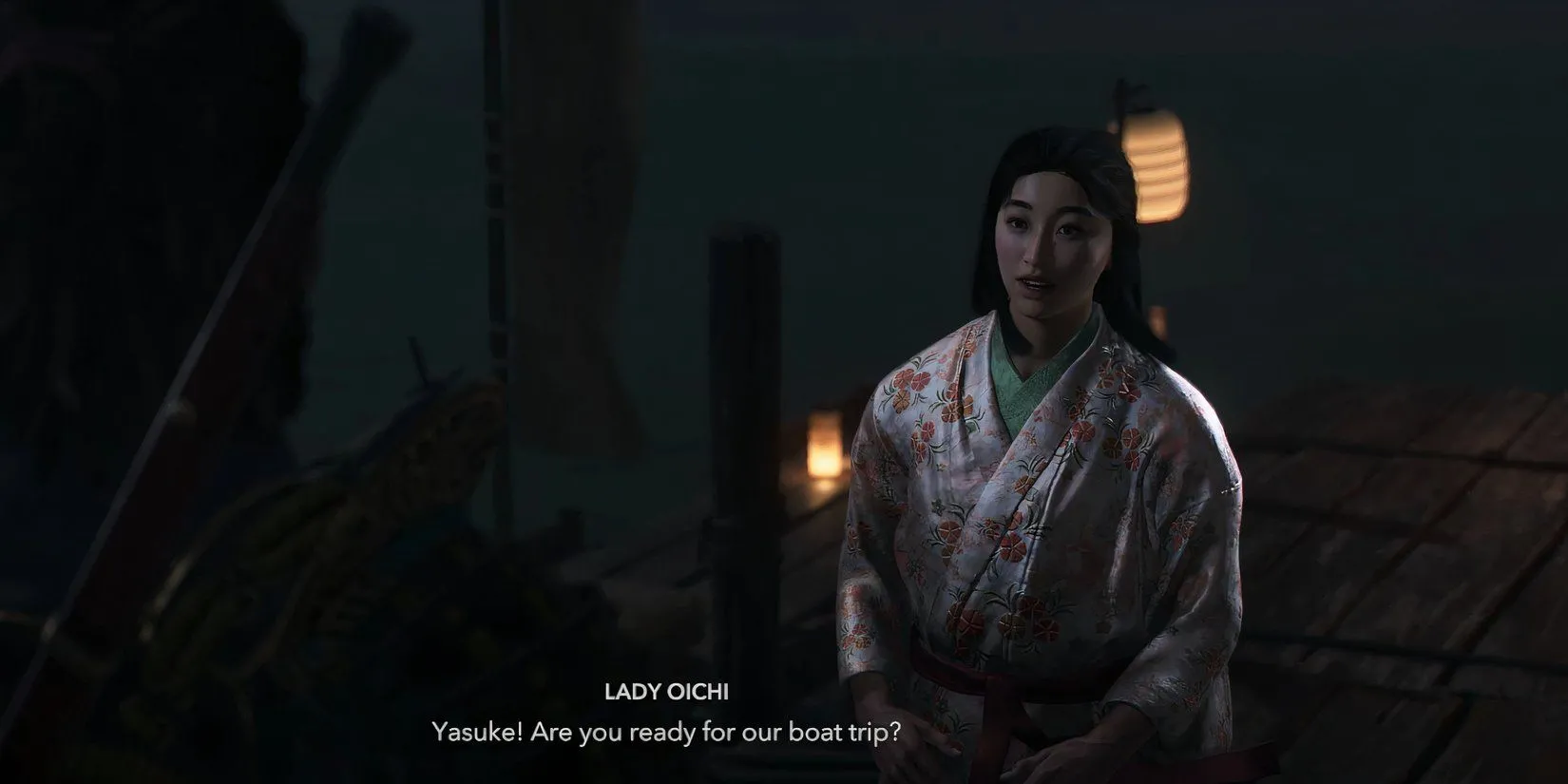 Lady Oichi chờ đợi Yasuke tại bến tàu đền Isakiji trong nhiệm vụ A Prayer for Omi