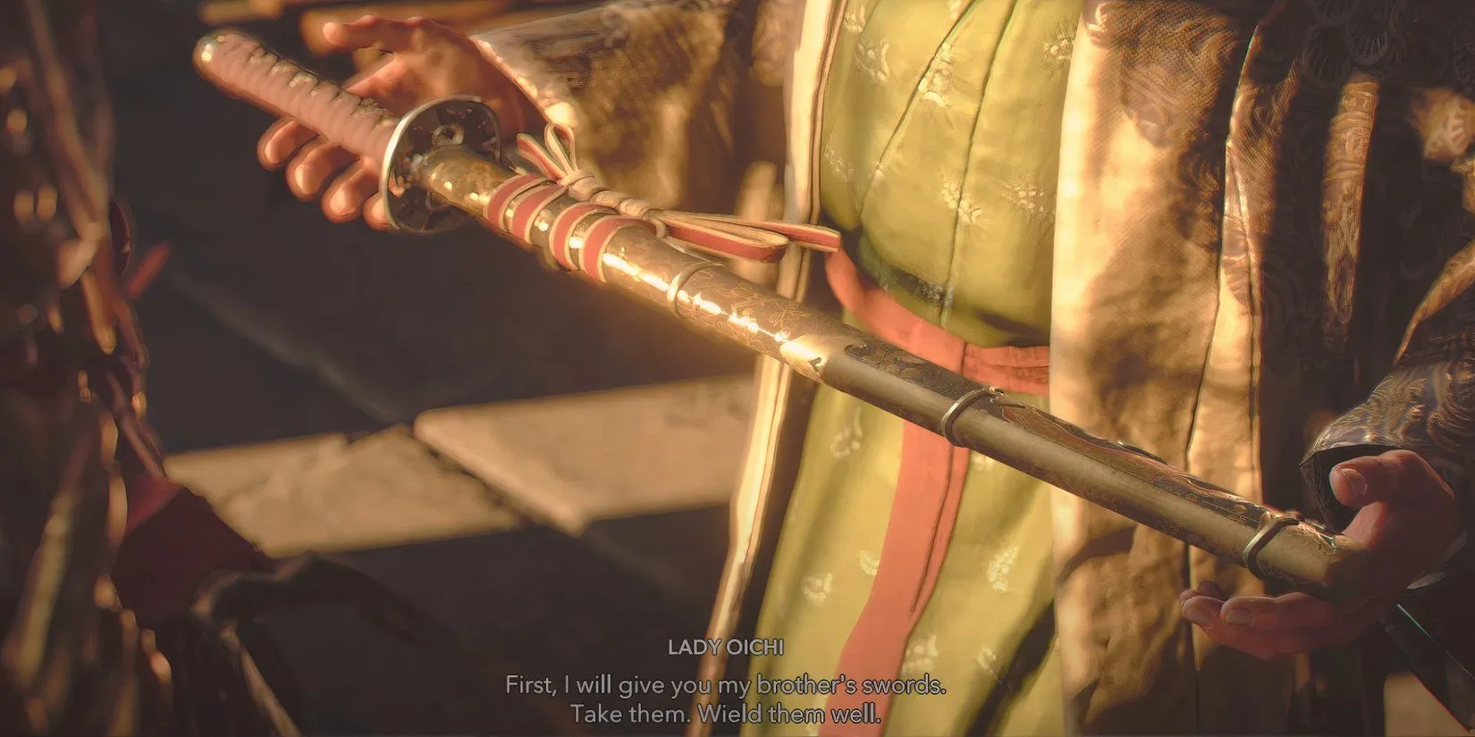 Lady Oichi trao cho Yasuke thanh kiếm Myth Slayer, phần thưởng cuối nhiệm vụ The Mourner