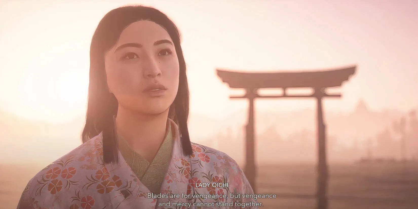 Lady Oichi và Yasuke sau khi hoàn thành các nghi thức thanh tẩy trong nhiệm vụ A Prayer for Omi