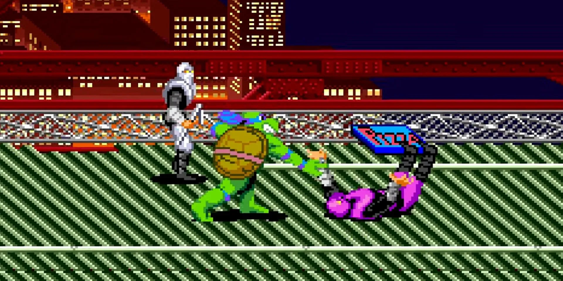 Leonardo ném một tên lính Foot Soldier về phía màn hình trong game Teenage Mutant Ninja Turtles Turtles in Time