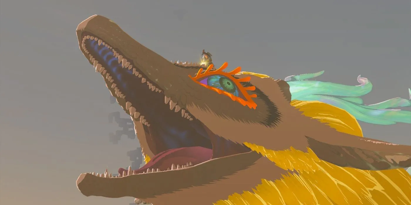 Link bay cùng Light Dragon trên bầu trời Hyrule trong Zelda Tears of the Kingdom với Master Sword