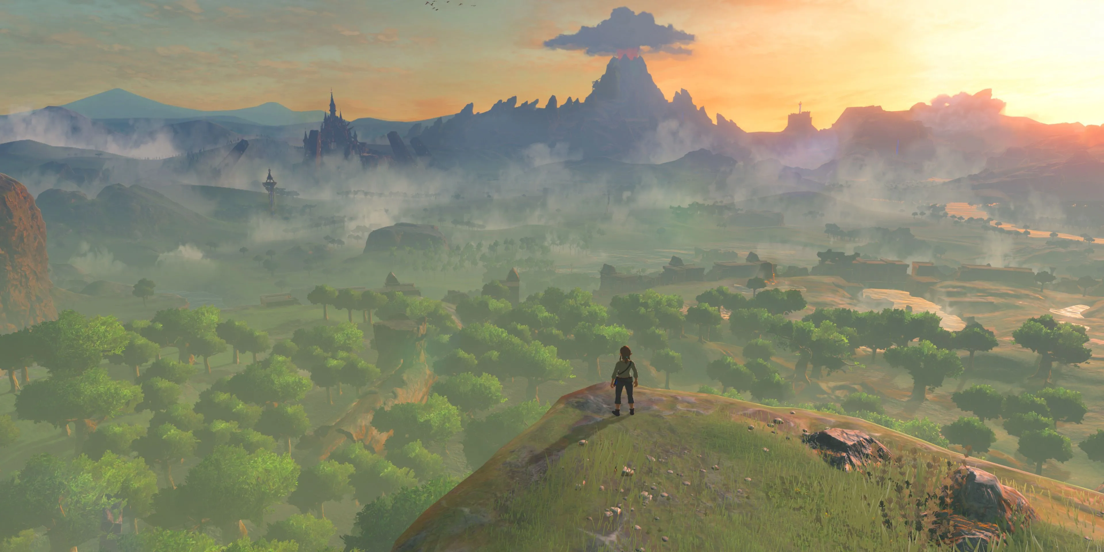 Link nhìn về phía Lâu đài Hyrule trong The Legend of Zelda: Breath of the Wild, sẵn sàng đối mặt Calamity Ganon