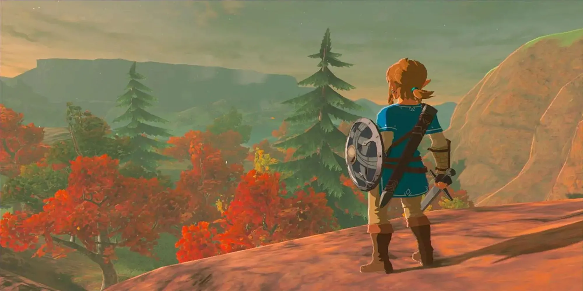 Link trong The Legend of Zelda: Breath of the Wild đứng nhìn ra vách núi hùng vĩ