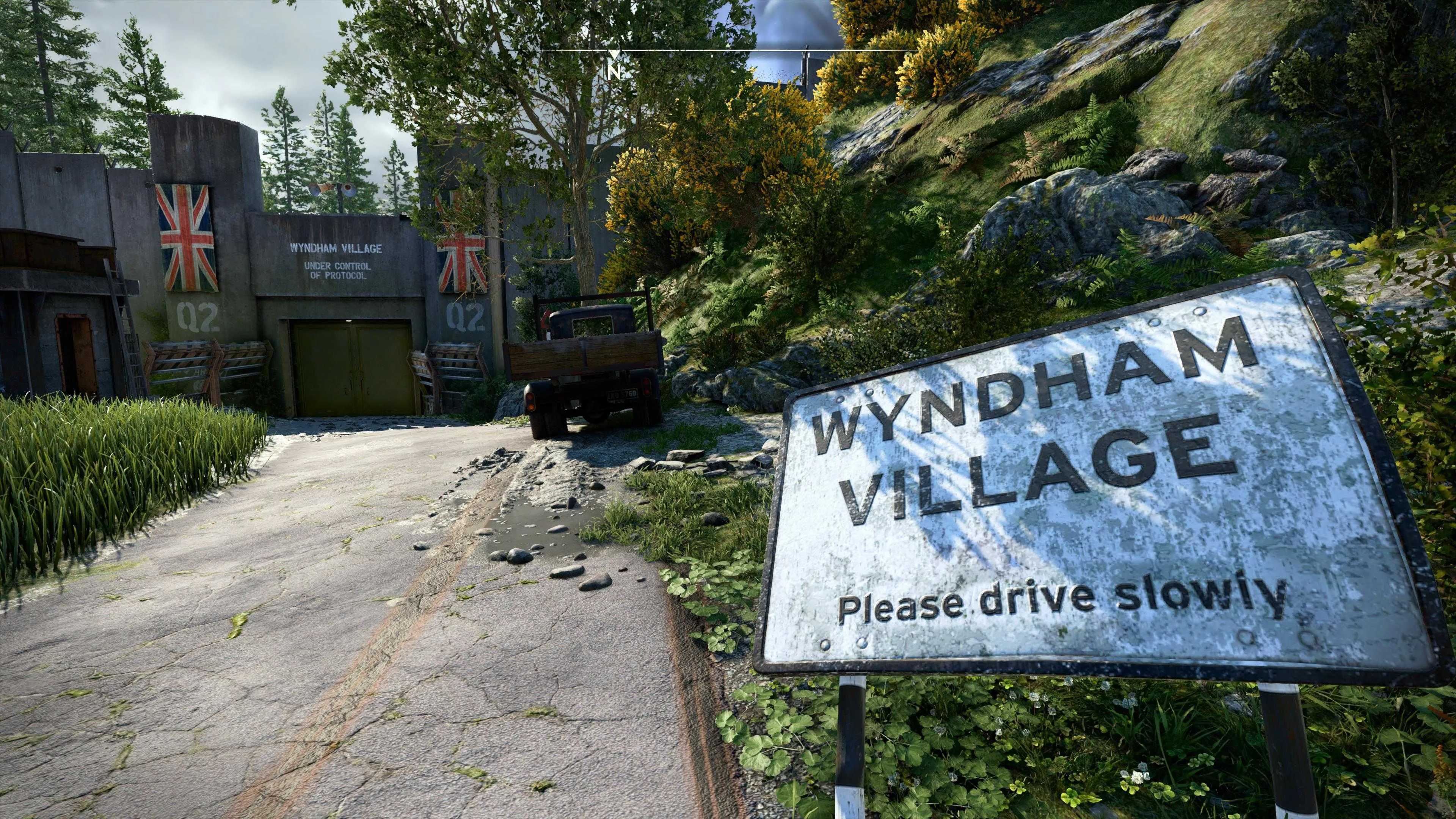 Lối vào làng Wyndham Slaten Dale trong game Atomfall, một khu vực an toàn cho người mới bắt đầu