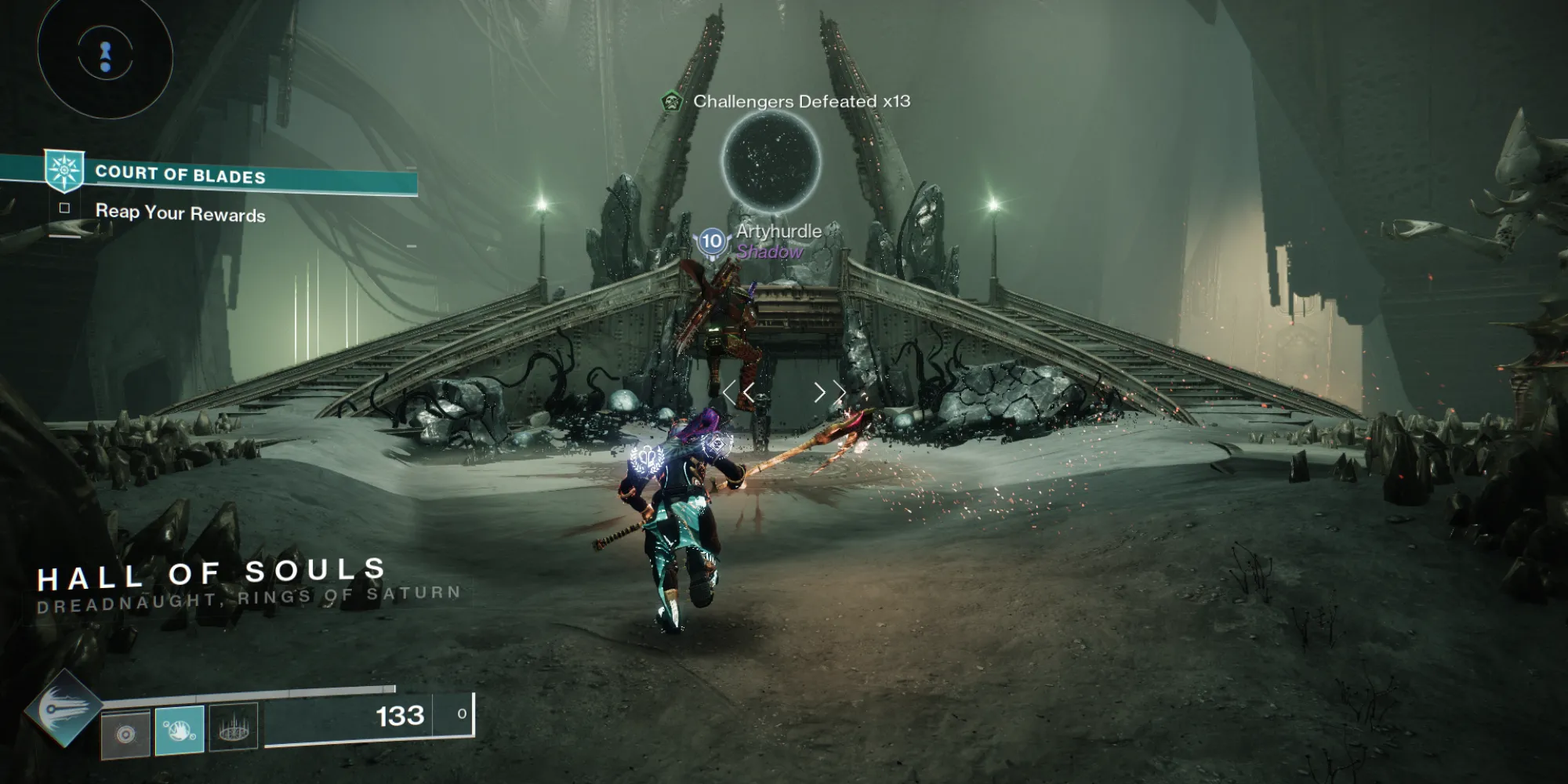 Màn hình kết quả sau khi hoàn thành một lượt Court of Blades trong Destiny 2, hiển thị các phần thưởng và số Challenger đã đánh bại