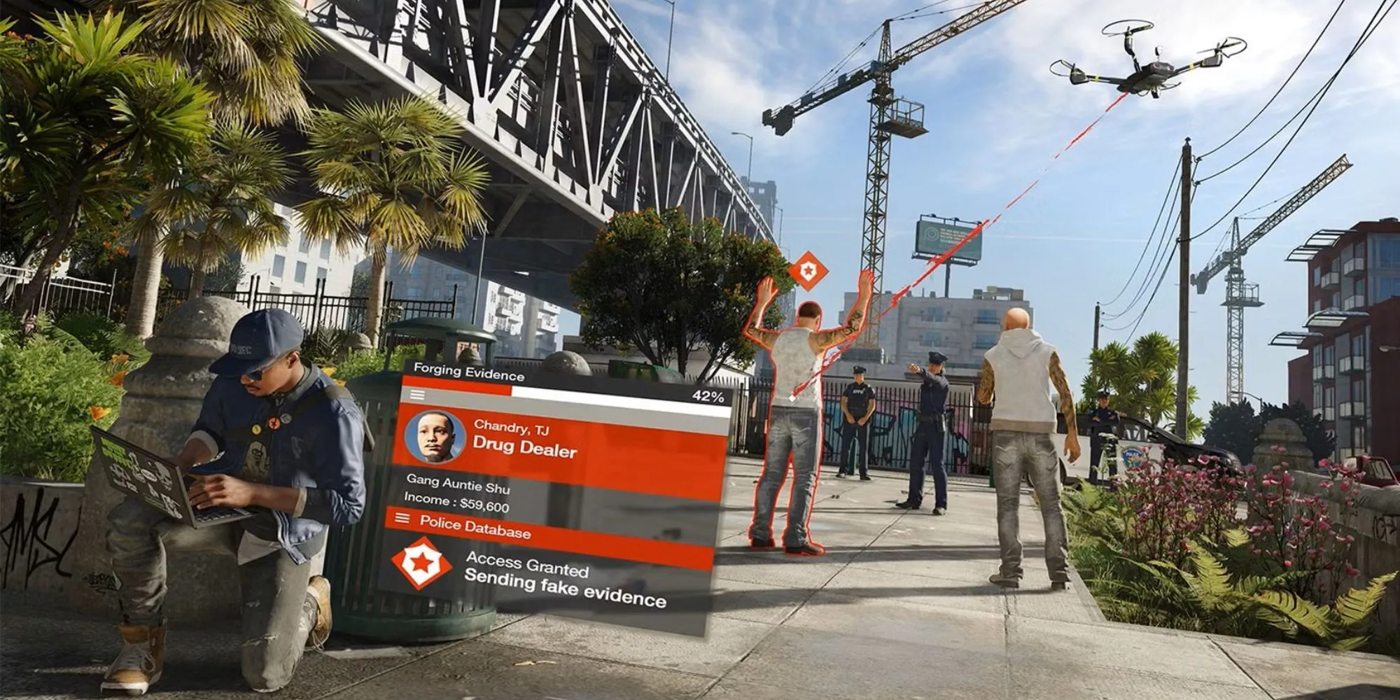 Marcus Holloway từ Watch Dogs 2 đang hack vào một thiết bị đầu cuối ctOS, thể hiện cơ chế hack toàn diện của game