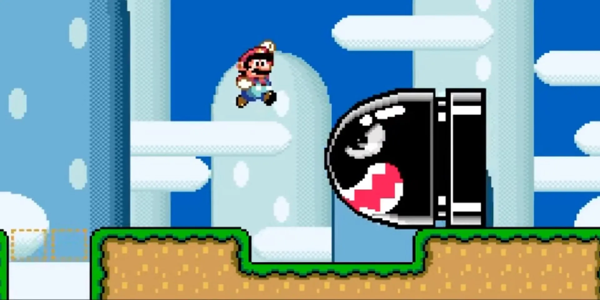 Mario nhảy qua Banzai Bill khổng lồ trong màn chơi game Super Mario World