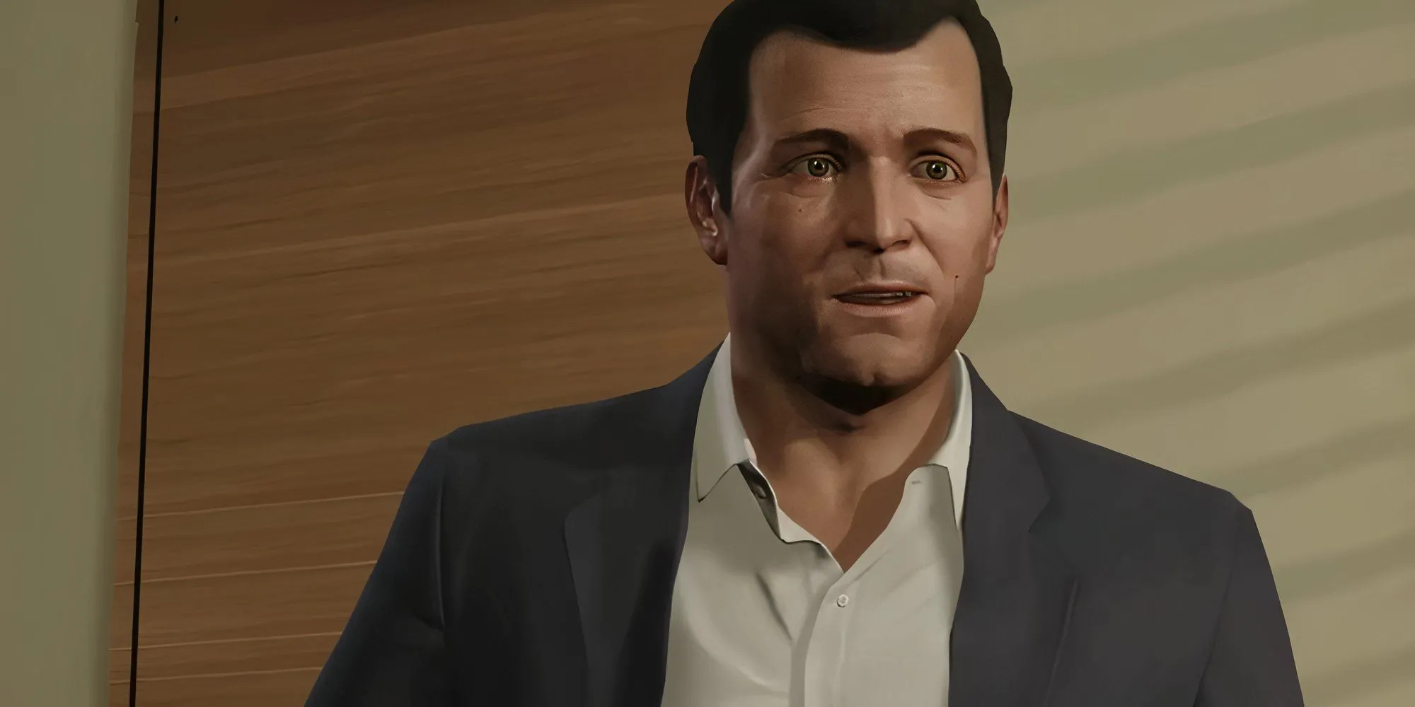 Michael De Santa trong GTA V đứng gần một bức tường