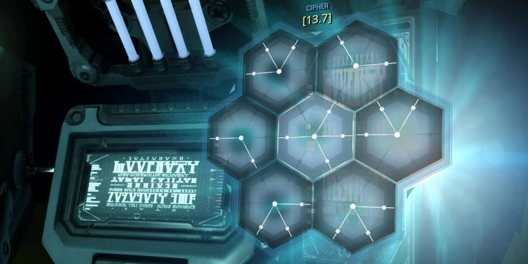 Minigame hack của phe Corpus trong Warframe, yêu cầu xoay các khối lục giác để tạo thành một đường dẫn hoàn chỉnh