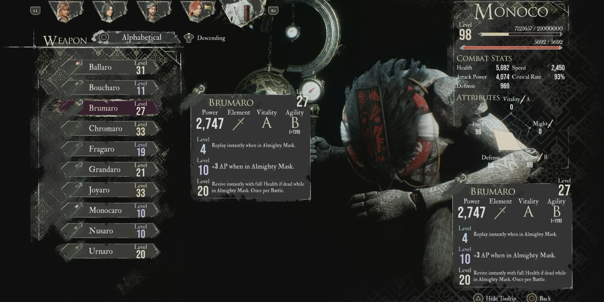 Monoco đang ở Almighty Mask khi trang bị vũ khí Brumaro trong game Clair Obscur