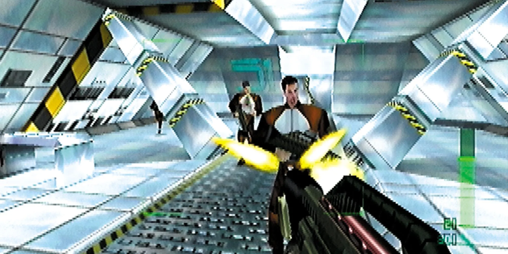 Một cảnh chiến đấu trong game Perfect Dark trên Nintendo 64 với giao diện người chơi đặc trưng
