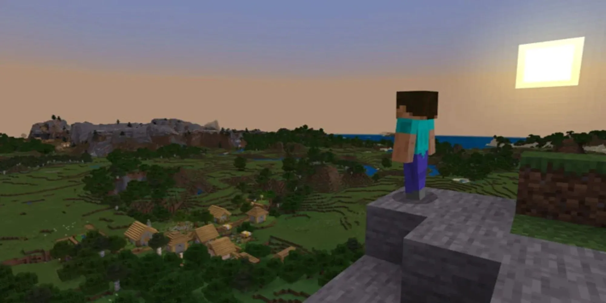 Một cảnh gameplay trong Minecraft với các công trình kiến trúc bằng khối vuông