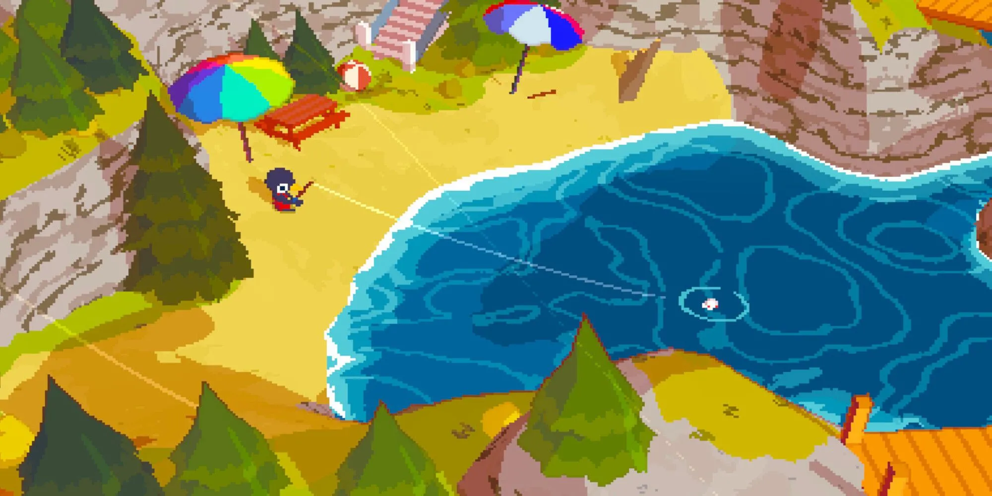 Một cảnh trong game A Short Hike, nhân vật đang câu cá bên bờ biển.