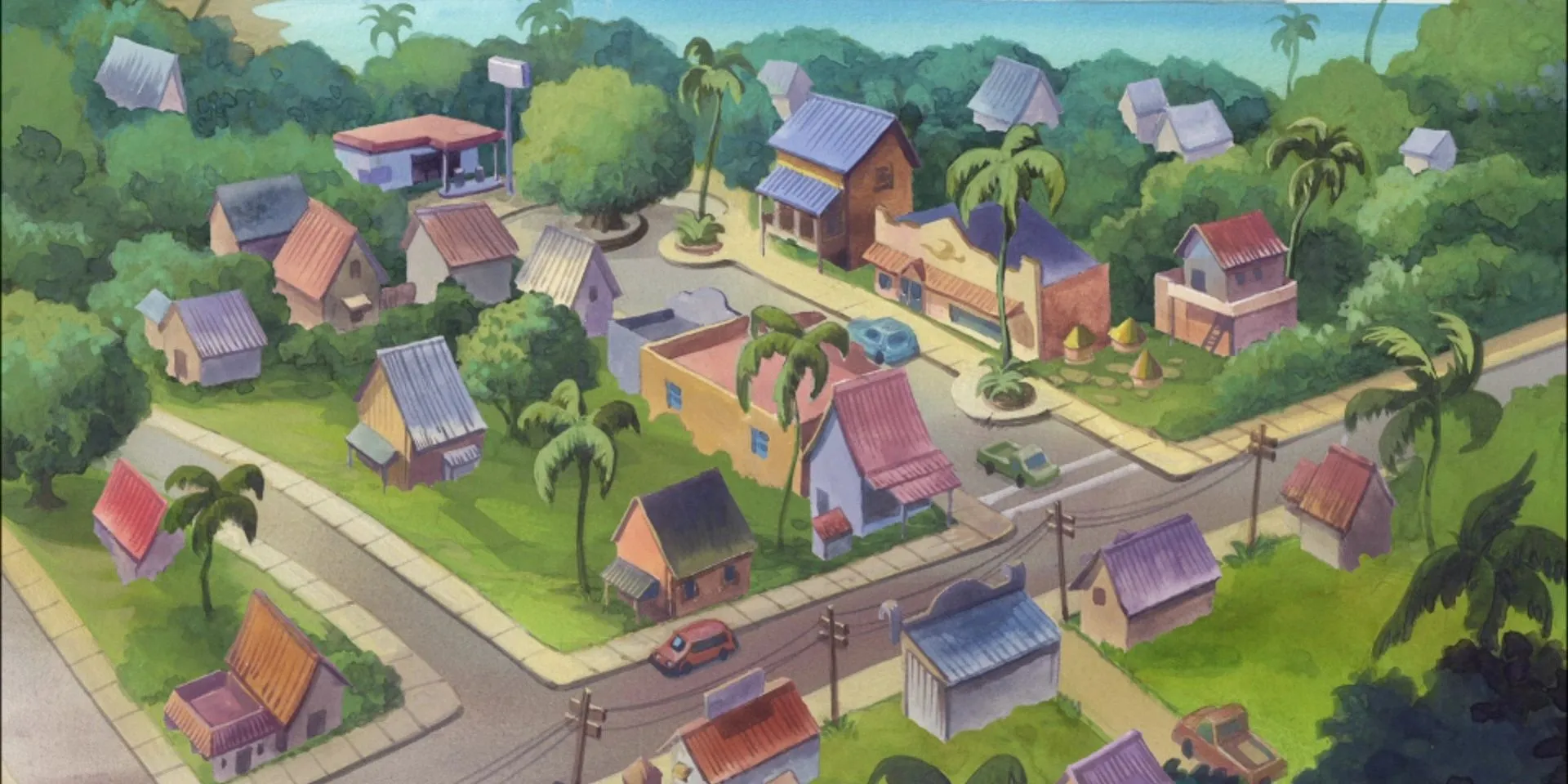 Một cảnh trong series Lilo & Stitch: The Series cho thấy thị trấn Kokaua với những ngôi nhà và cây cối ven biển.
