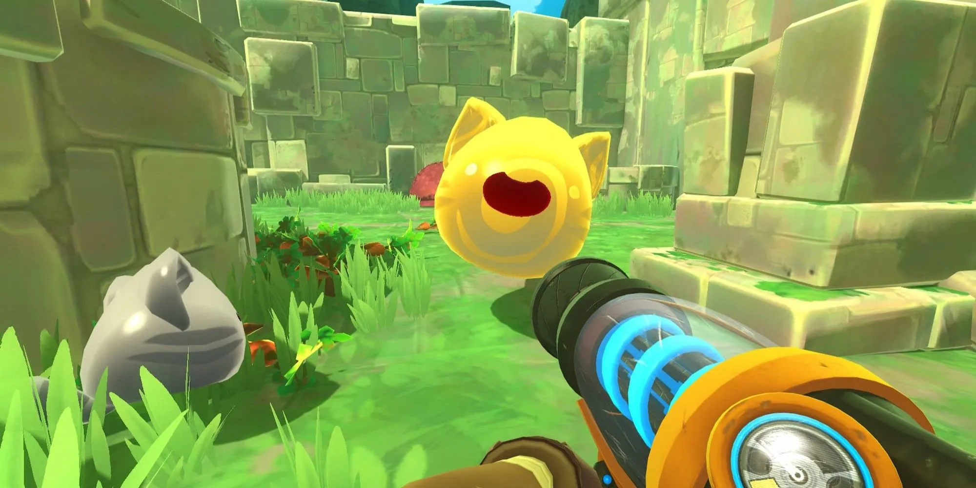 Một chú Slime màu hồng vui vẻ trong môi trường game Slime Rancher