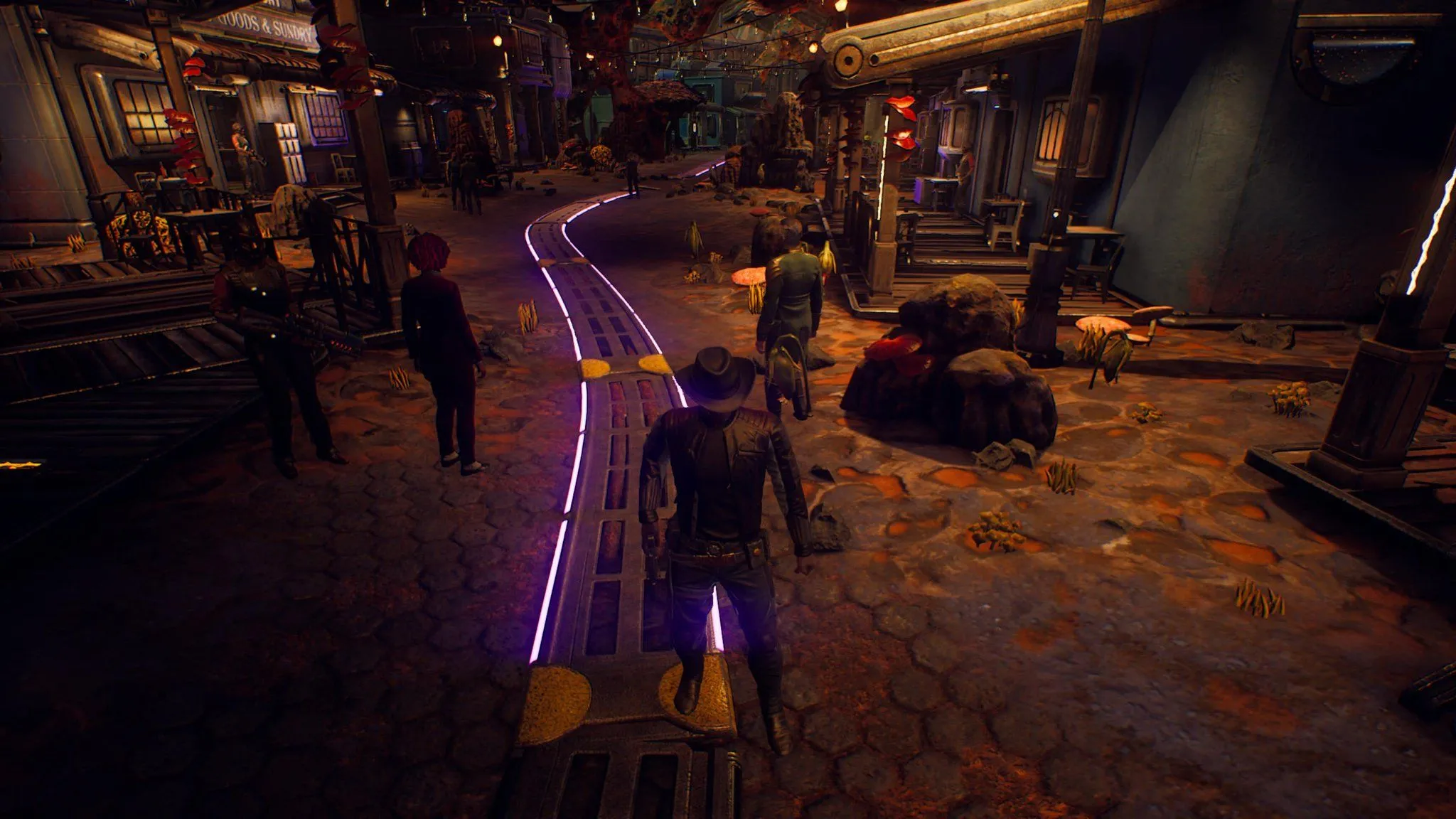 Một góc nhìn thị trấn Fallbrook đầy màu sắc trong The Outer Worlds