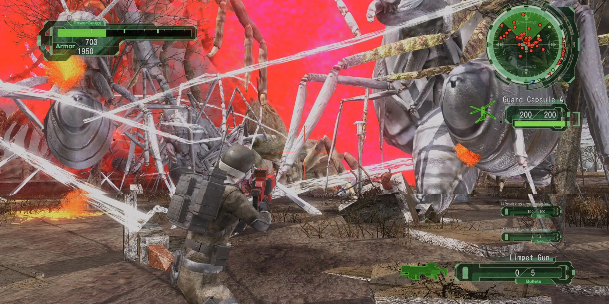 Một người lính trong Earth Defense Force 6 đang chiến đấu với lũ kiến khổng lồ giữa thành phố đổ nát