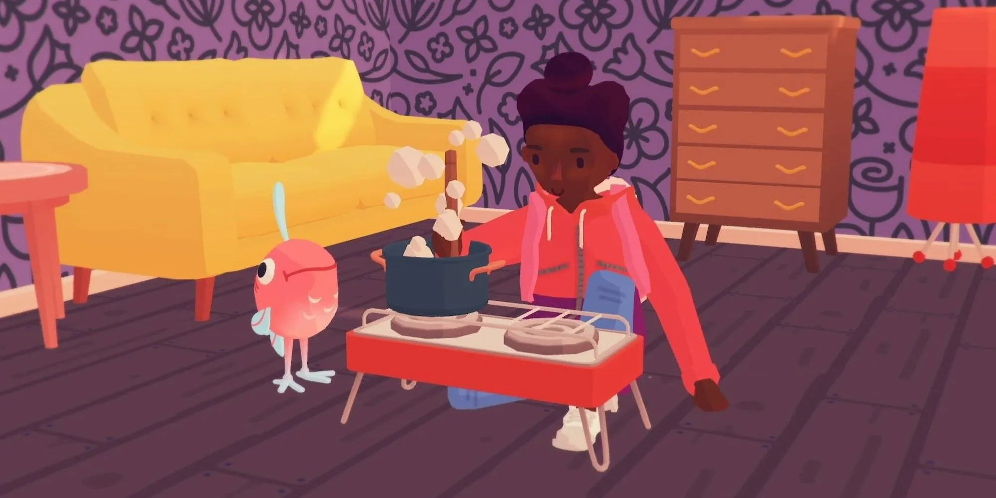 Một nhân vật đang nấu ăn cùng một Ooblet trong game Ooblets