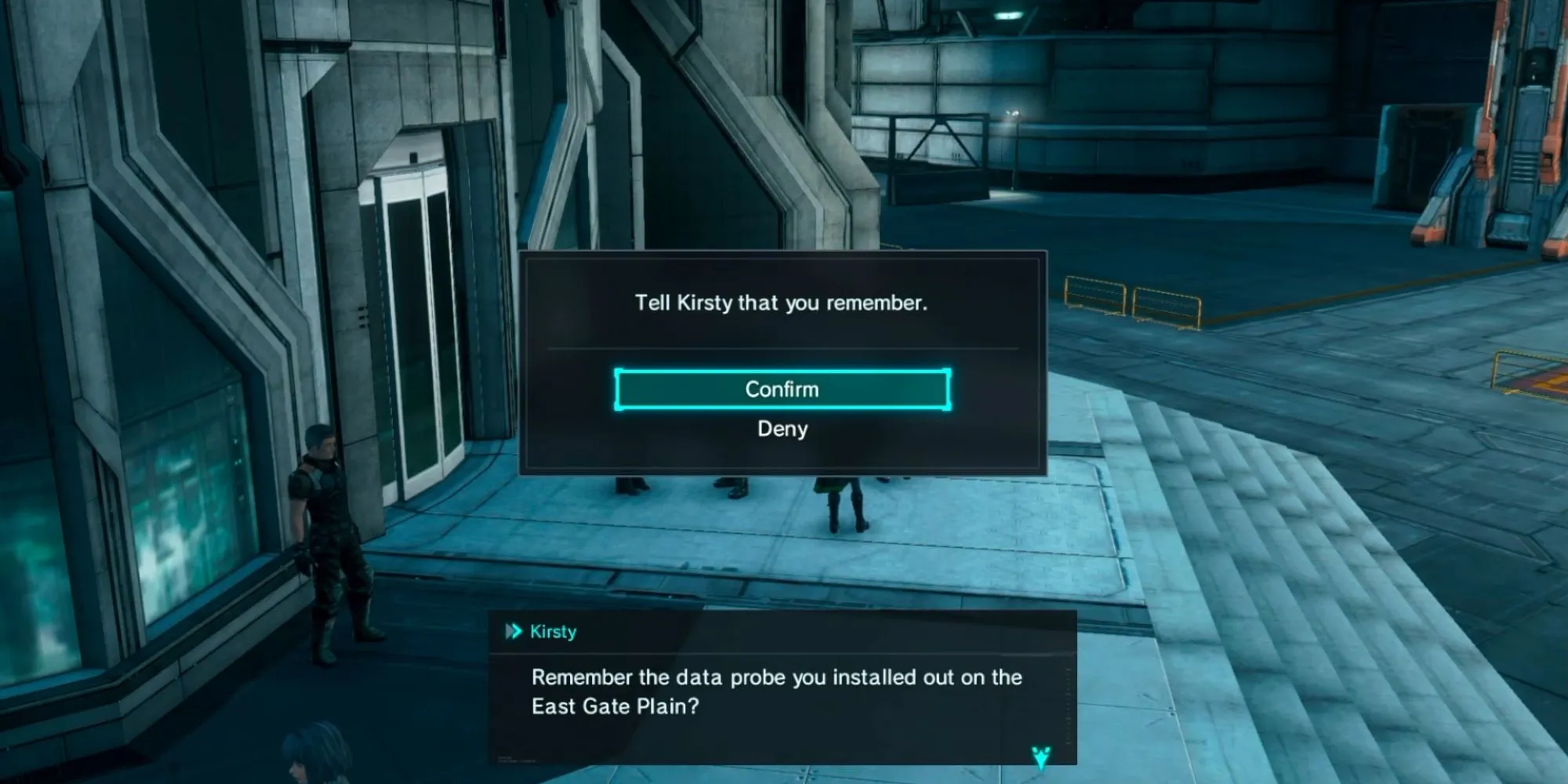Một nhân vật nữ tóc vàng trong Xenoblade Chronicles X đang đứng trước các lựa chọn hội thoại trên màn hình.