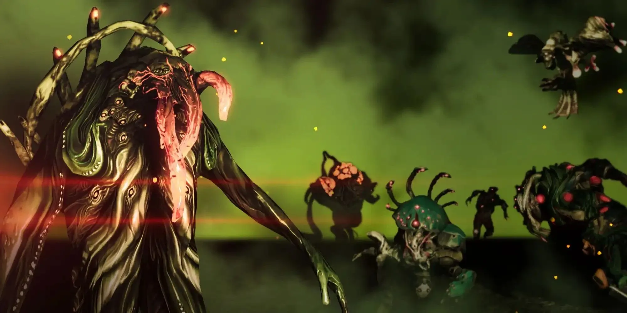 Một Warframe mạnh mẽ đứng giữa làn đạn của kẻ thù trong một nhiệm vụ horde mode