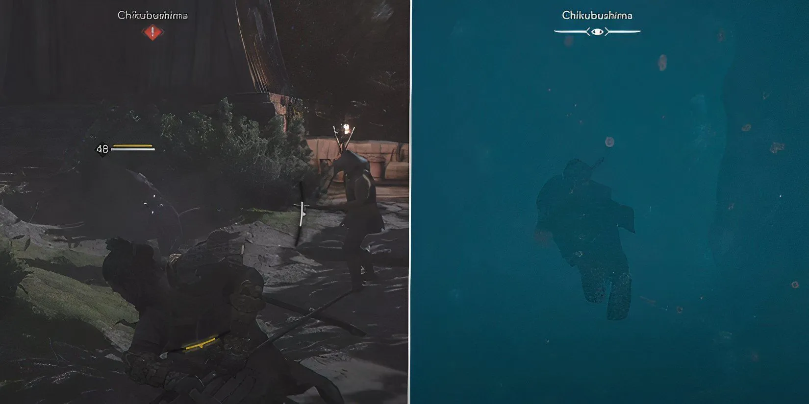 Naoe bơi dưới nước để tiếp cận mục tiêu trong Assassin's Creed Shadows