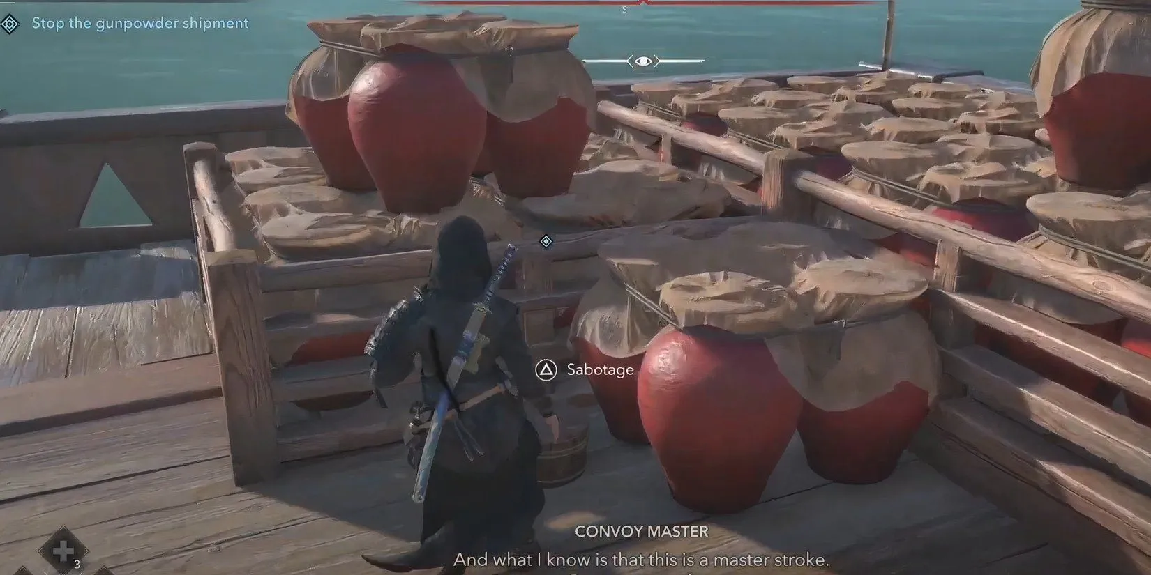 Naoe đặt bom Horokubiya để phá hủy tàu chở thuốc súng trong Assassin's Creed Shadows