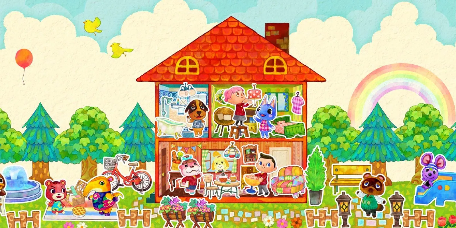 Ngôi nhà búp bê được cắt ngang với các phòng được trang trí trong Happy Home Designer cùng dân làng xung quanh