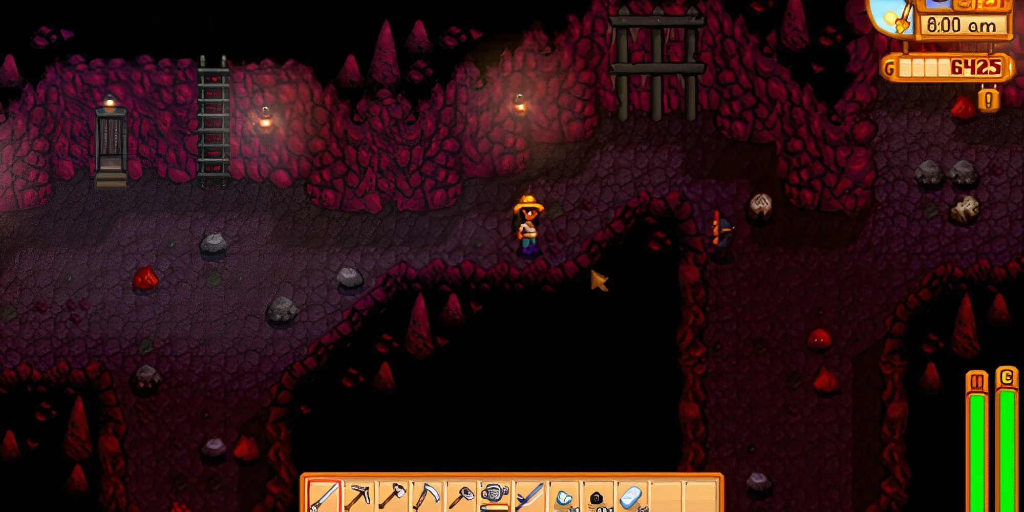 Người chơi chiến đấu với quái vật trong hầm mỏ Stardew Valley