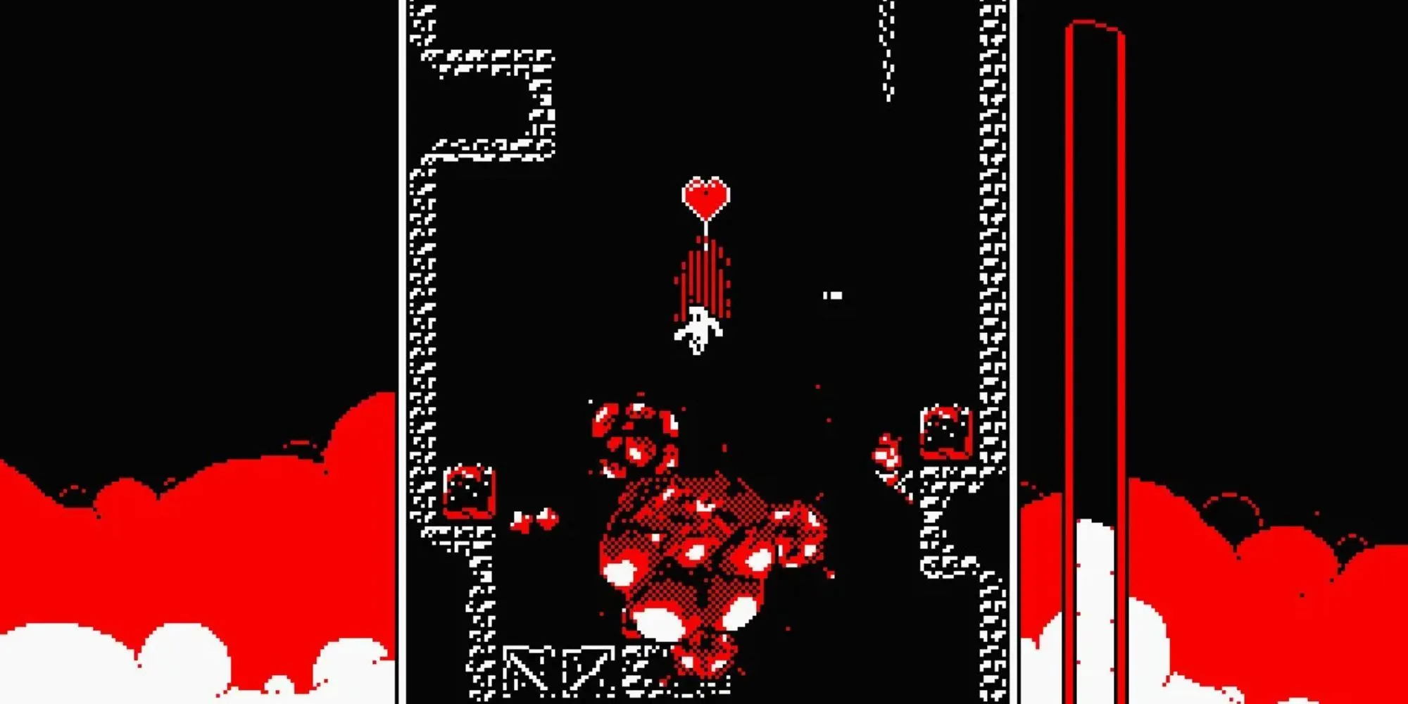 Người chơi đang né tránh các vụ nổ trong game Downwell với đồ họa 3 màu đặc trưng