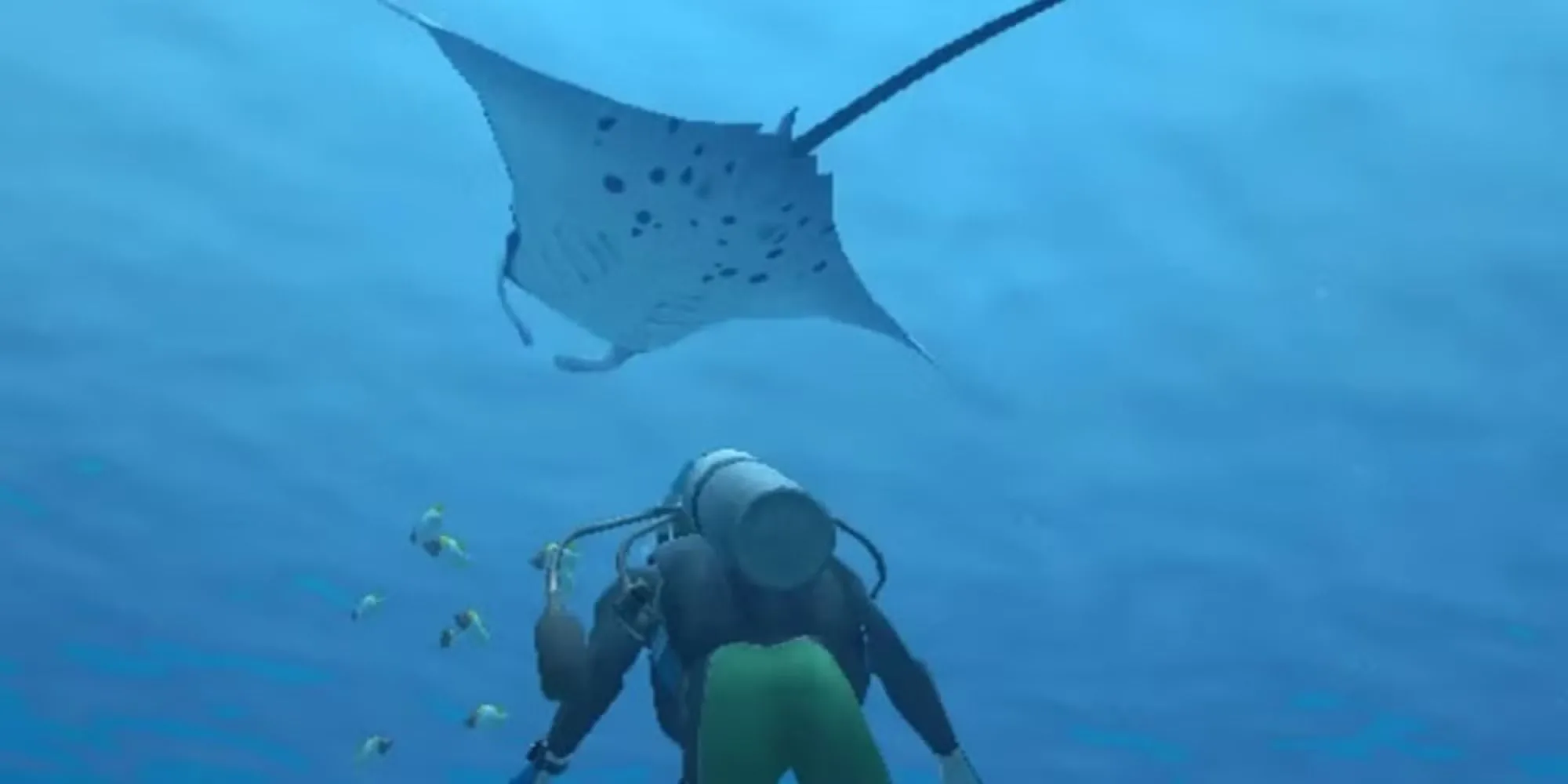 Người chơi quan sát cá đuối manta trong game Endless Ocean