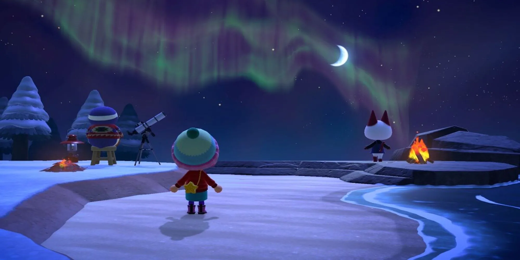 Người chơi và dân làng cùng ngắm bầu trời đêm đầy sao trong Animal Crossing New Horizons
