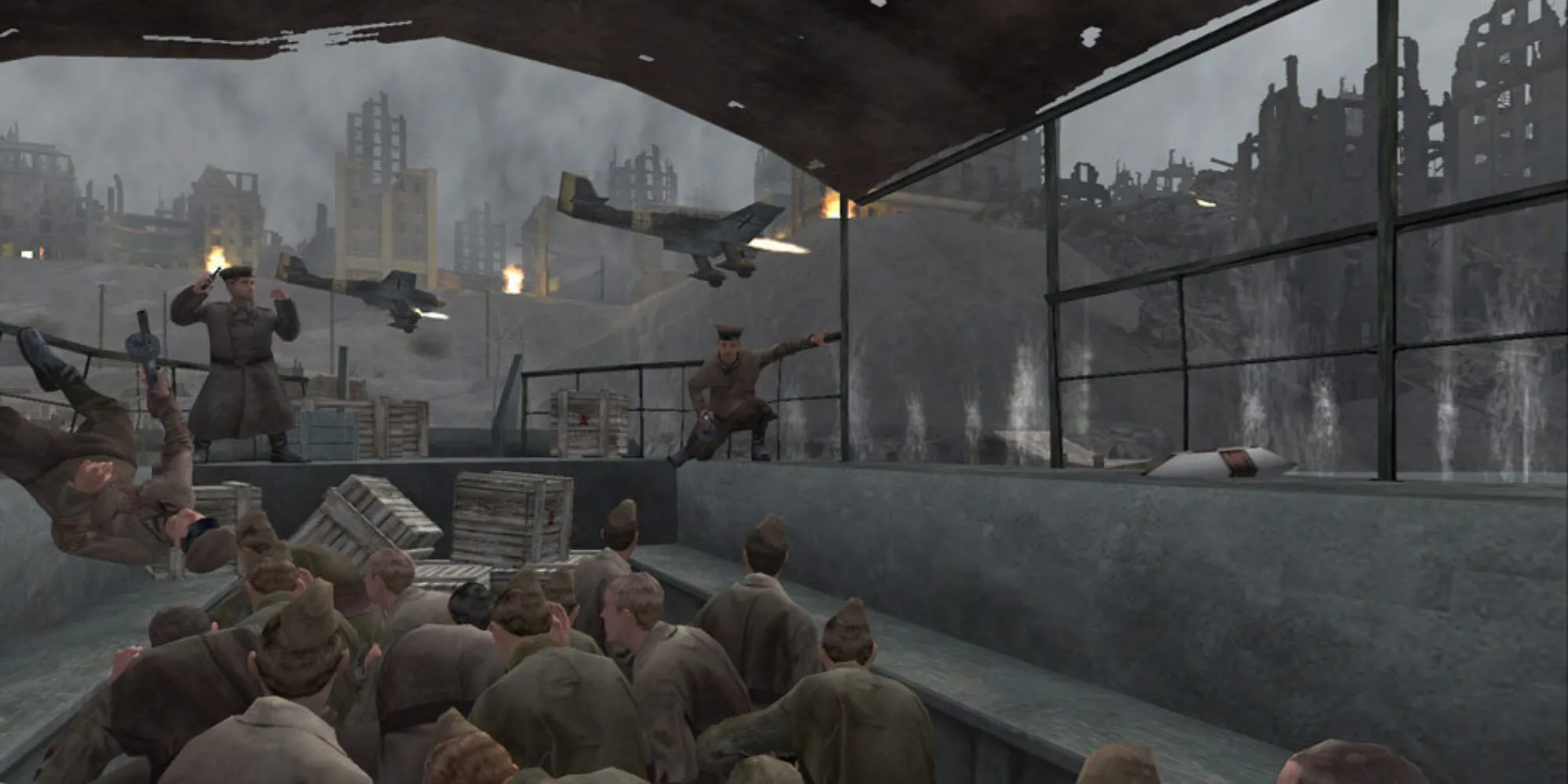Người lính trong Call of Duty 2003 đang tiến công giữa làn đạn của Thế Chiến II