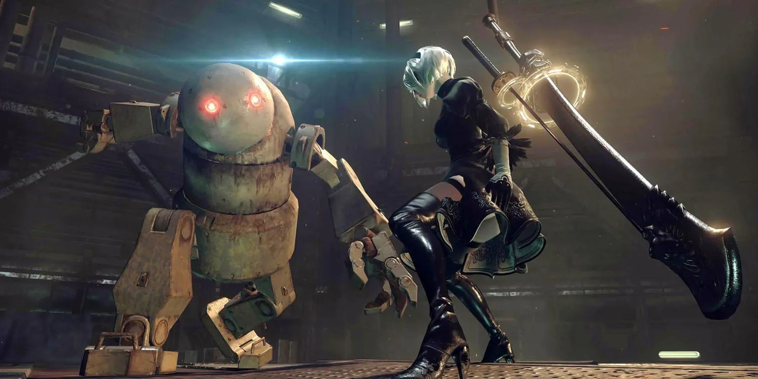 Nhân vật 2B trong NieR: Automata đứng giữa khung cảnh hoang tàn, một tựa game hành động RPG nổi tiếng