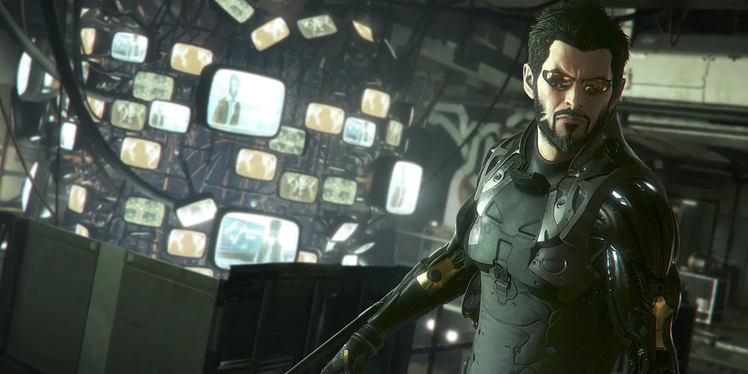 Nhân vật Adam Jensen trong bối cảnh thành phố tương lai của Deus Ex: Mankind Divided