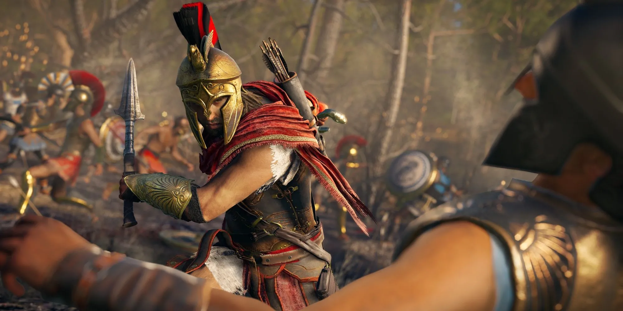 Nhân vật Alexios đối đầu với kẻ thù trong một cảnh hành động của Assassin's Creed Odyssey