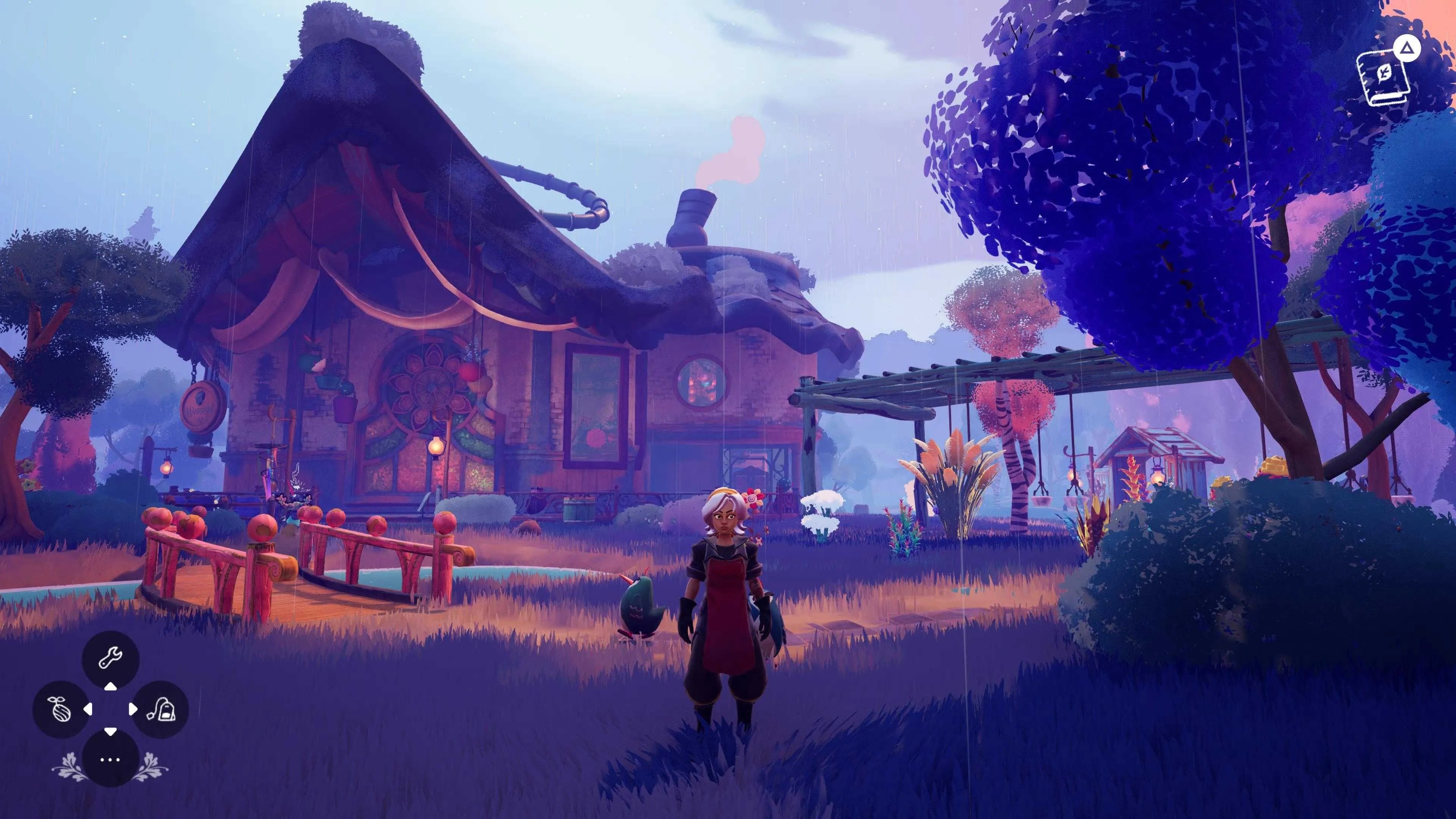Nhân vật Alta ngồi trên ghế dài trong game Wanderstop