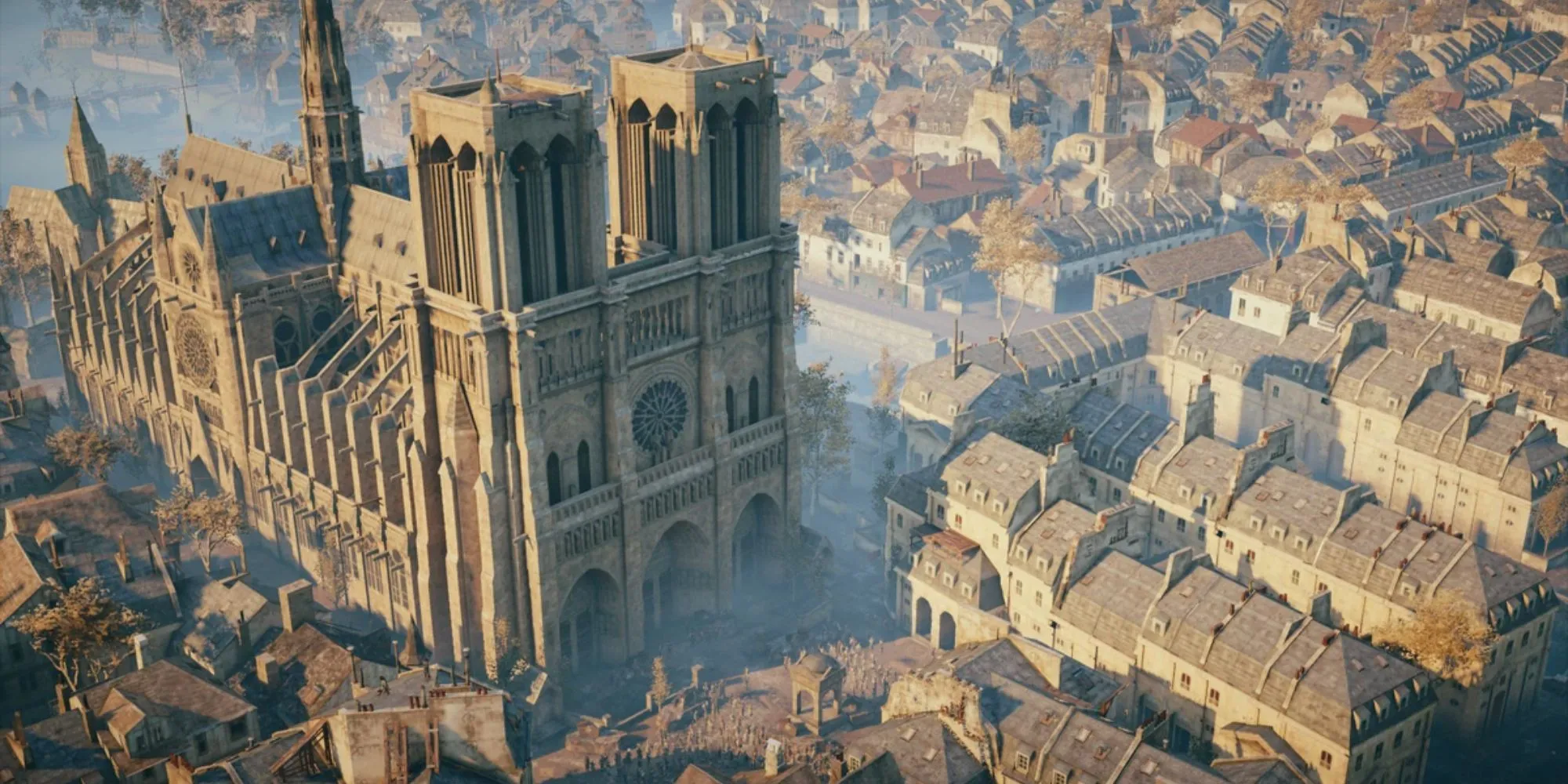 Nhân vật Arno Dorian trong Assassin's Creed Unity nhìn xuống thành phố Paris từ một mái nhà cao tầng