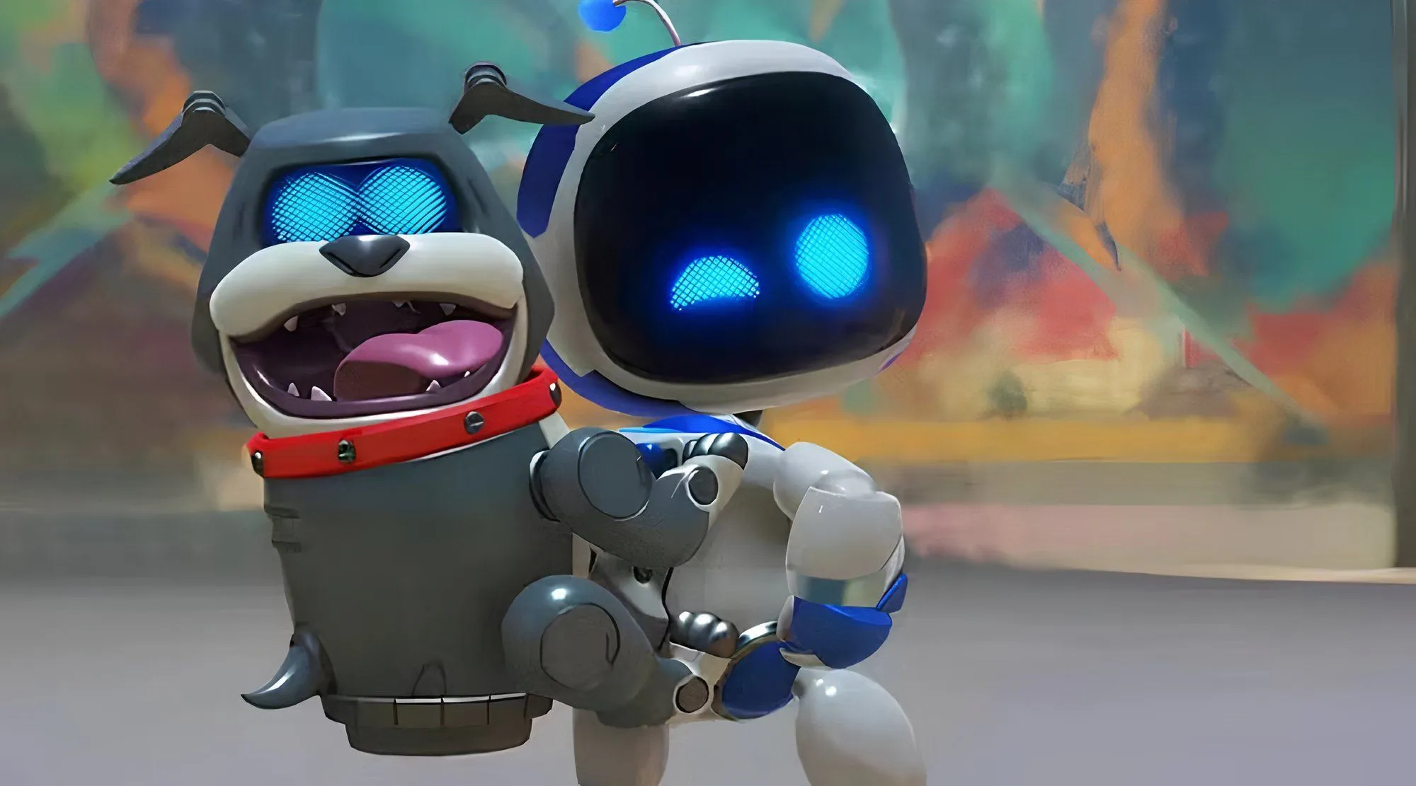Nhân vật Astro Bot đứng giữa khung cảnh đầy màu sắc trong game