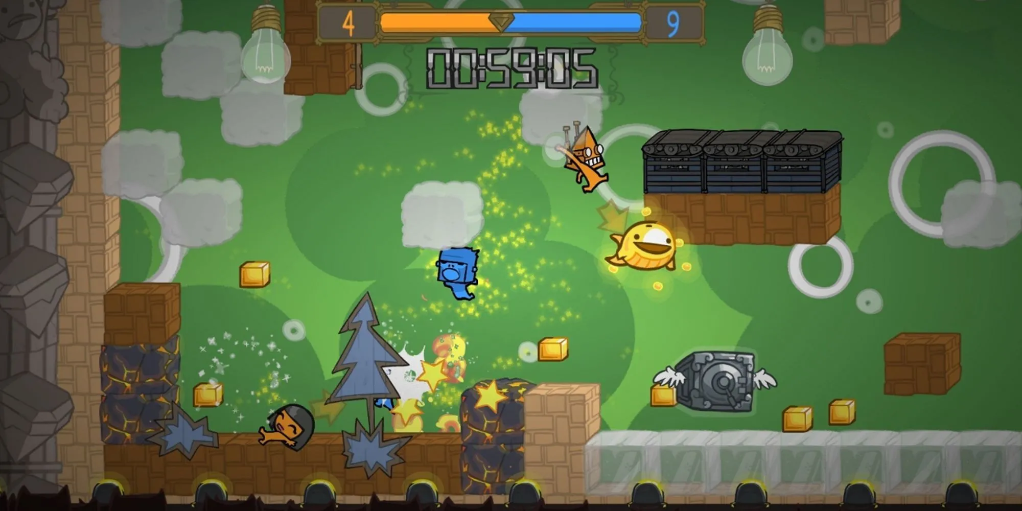 Nhân vật Battleblock Theater đang nhảy qua các khối vuông trong một màn chơi đầy màu sắc