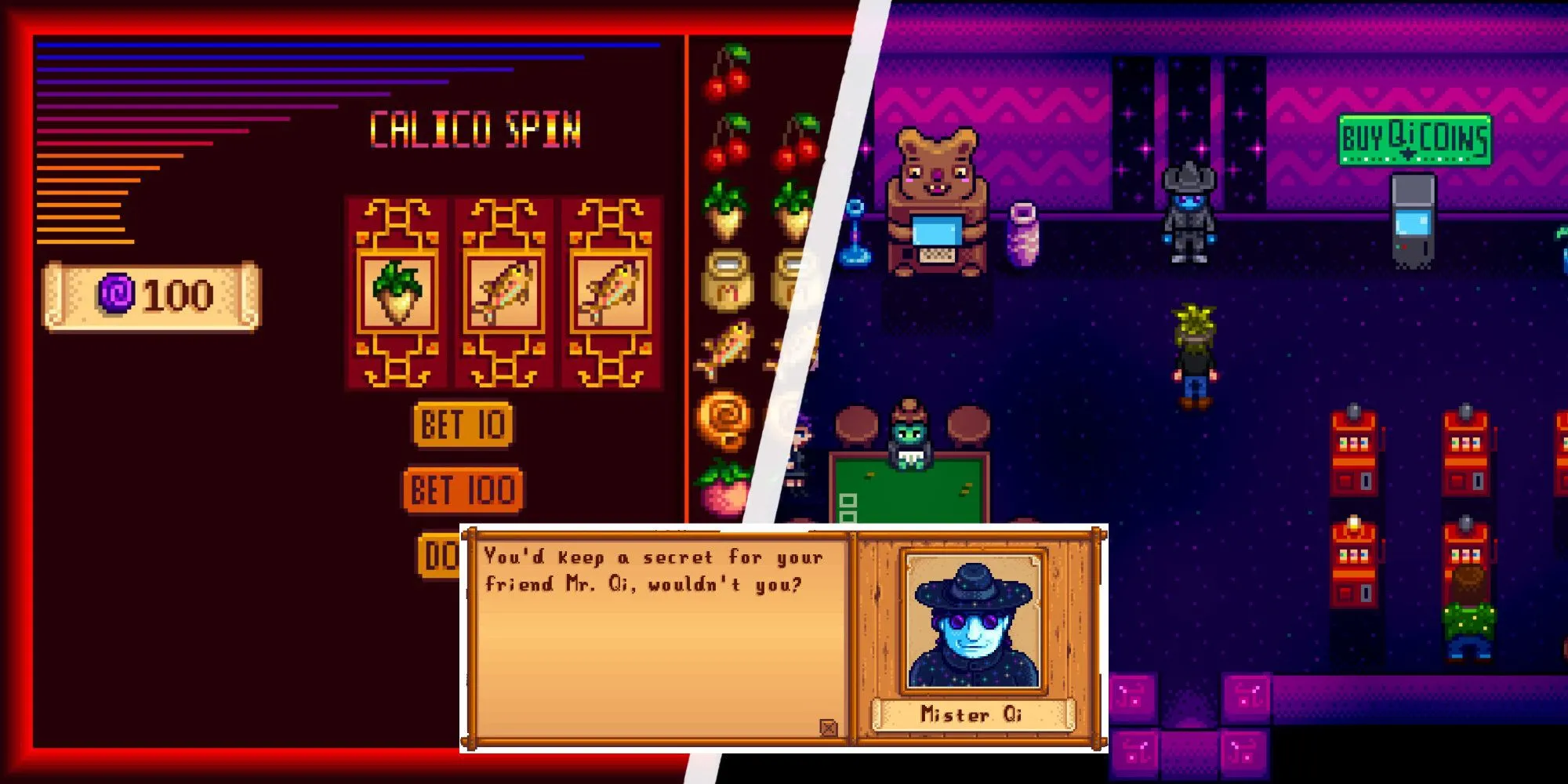 Nhân vật bí ẩn Mr. Qi bên trong Casino ở Calico Desert trong Stardew Valley