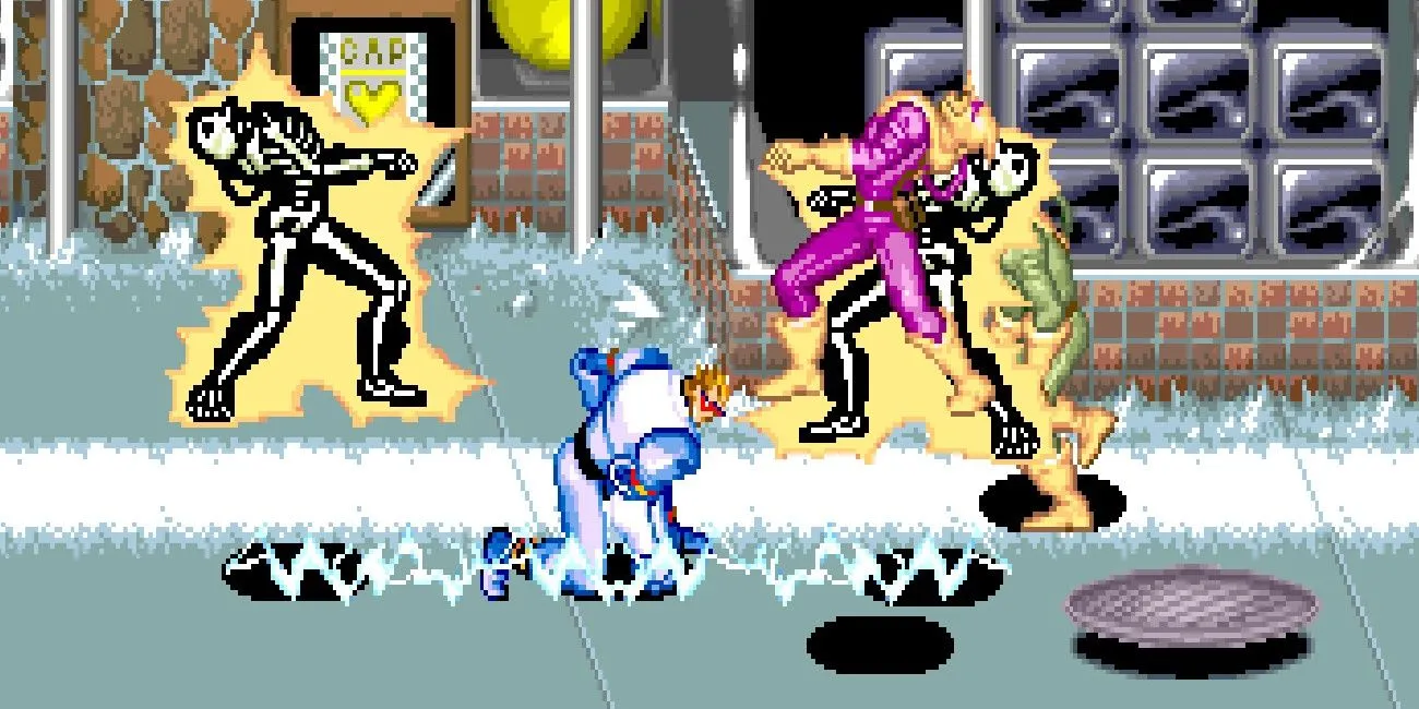 Nhân vật Captain Commando phóng điện tấn công kẻ thù trong game trên SNES